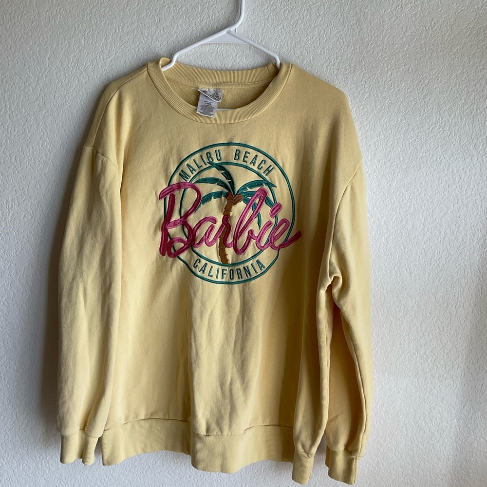 Barbie Yellow Pullover Sweatshirt Pink Logo and Teal Palm large